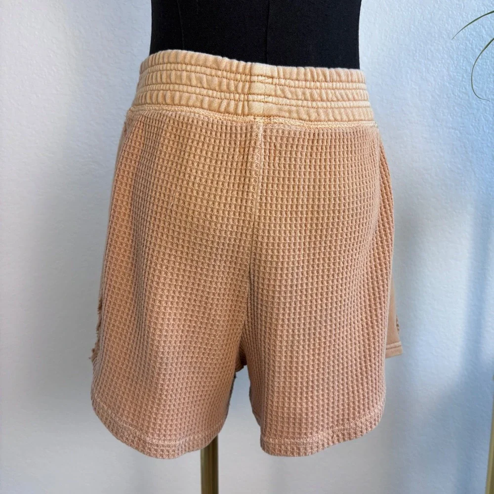 Aerie Womens XS Tan Waffle Knit Lounge Shorts High Waisted Thermal Smocked Waist